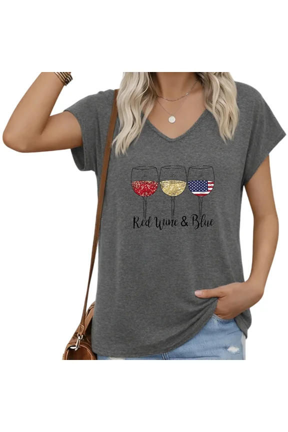 Women USA 250 Years Anniversary V-Neck T-Shirt 1776-2026 Red Wine & Blue Minimalist Wine Glass Patriotic Short Sleeve S-5XL