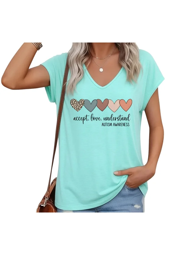 Women V-Neck Cap Sleeve Autism Hearts T-Shirt Loose Fit Soft Short Sleeve Casual Top