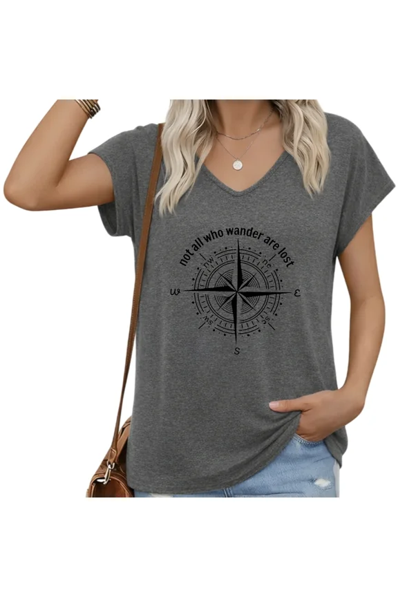 Women V-Neck Cap Sleeve Not All Who Wander Are Lost T-Shirt Loose Fit Inspirational Compass Top