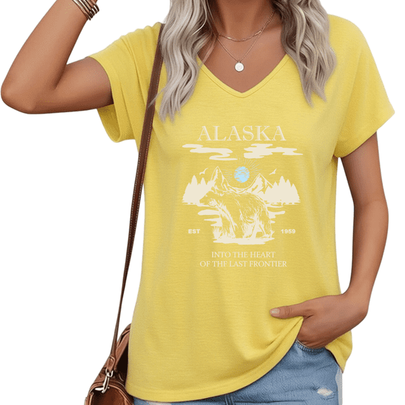 UNISHE Women V Neck Short Sleeve T Shirt Alaska Bear Retro Graphic Casual Summer Plus Size Tee S-5XL