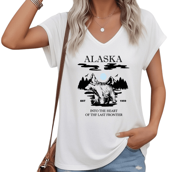 UNISHE Women V Neck Short Sleeve T Shirt Alaska State Bear Graphic Retro Summer Plus Size Tee S-5XL