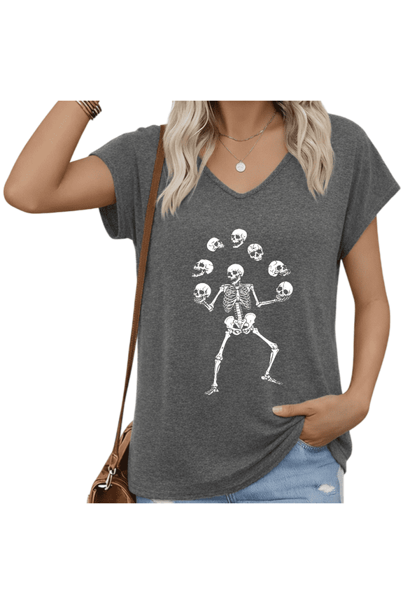 Women V Neck Short Sleeve T Shirt Skeleton Juggling Skulls Gothic Graphic Casual Loose Fit Plus Size Tee S-5XL