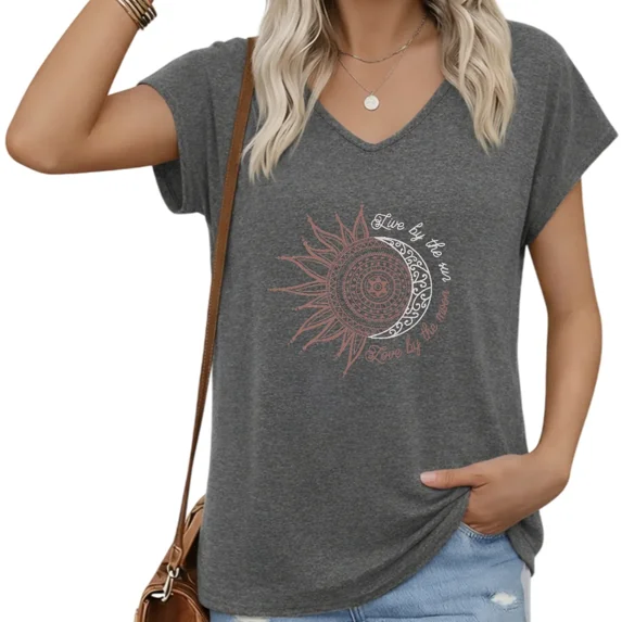 UNISHE Women V-Neck Sleeveless Tee with Sun Moon Mandala Graphic Casual Loose Fit Daily Wear