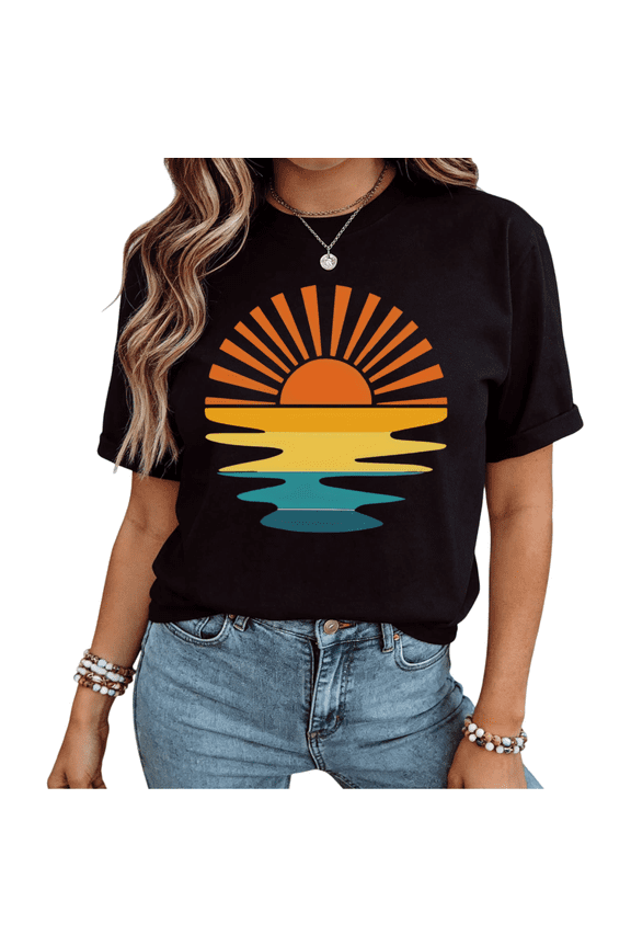Women Vintage Abstract Sunset Beach Graphic Short Sleeve T-Shirt Soft Cotton Comfortable Tee