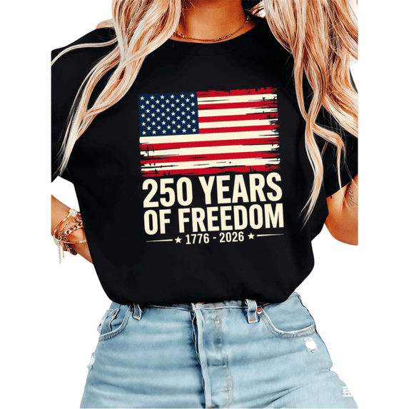 UNISHE Women's 250 Years of Freedom 1776-2026 Distressed American Flag Graphic Short Sleeve T-Shirt Casual Cotton Crewneck Top Black S-5XL