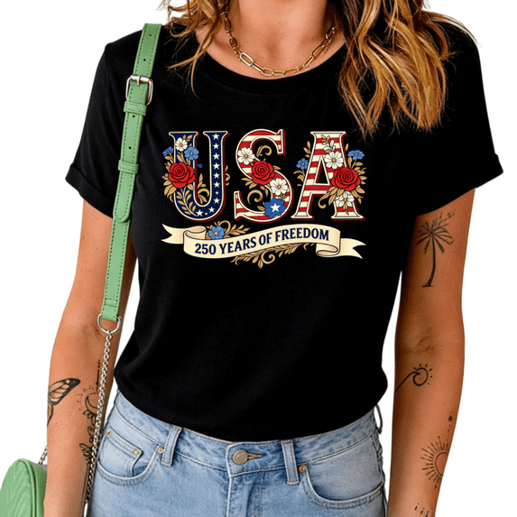 UNISHE Women's 250 Years of Freedom USA Floral Flag Graphic Black Short Sleeve T-Shirt Casual Cotton Crewneck Patriotic Top