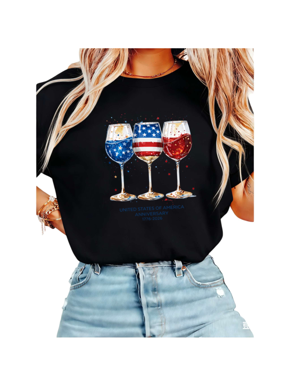 Women's 250th USA 1776-2026 Patriotic Wine Glass Graphic Short Sleeve T-Shirt Casual Cotton Crewneck Top Black S-5XL