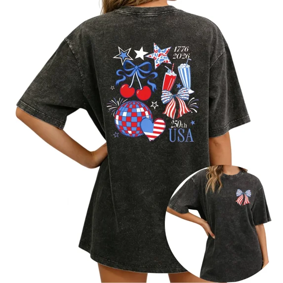UNISHE Women's 250th USA 1776-2026 Vintage Washed T-Shirt Short Sleeve Distressed 4th of July Festive Party Graphic Tee
