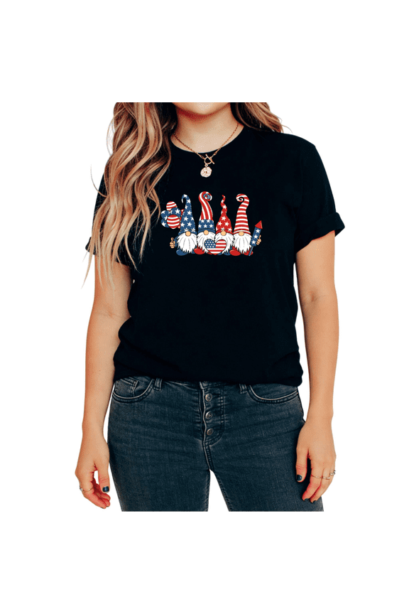 Women's 4th Of July Patriotic USA Gnome Firework Graphic Short Sleeve T-Shirt Comfortable