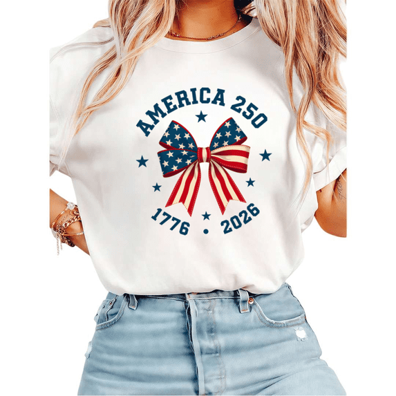 UNISHE Women's 4th of July America 250 1776-2026 Bow Graphic Short Sleeve T-Shirt Casual Cotton Crewneck Top White S-5XL