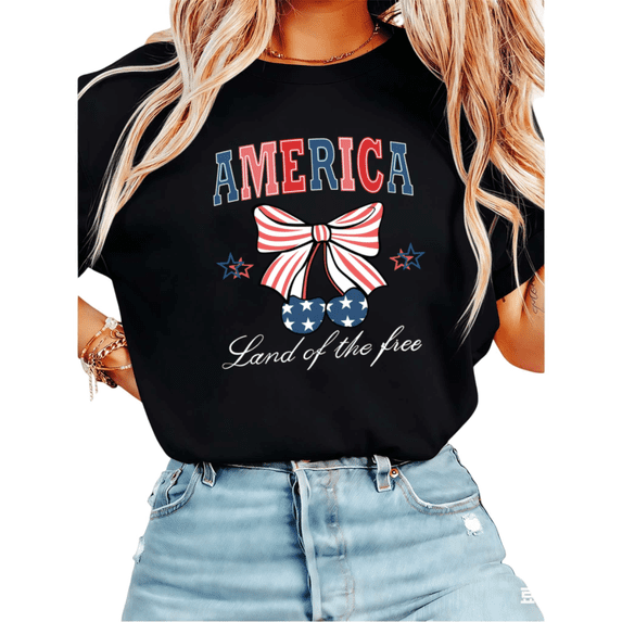 UNISHE Women's 4th of July America Land of the Free Bow Cherry Graphic Short Sleeve T-Shirt Casual Cotton Crewneck Top Black S-5XL