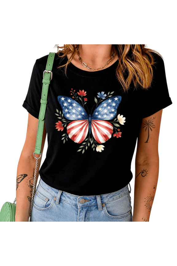 Women's 4th of July American Flag Butterfly Floral Graphic Short Sleeve T-Shirt Casual Crewneck Cotton Daily Tee