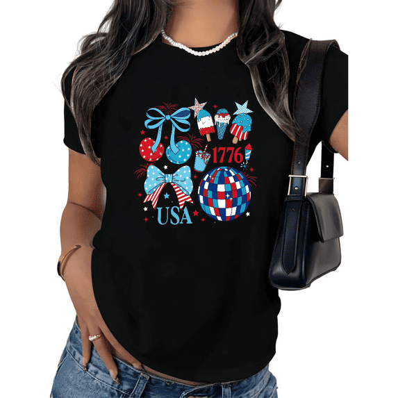 UNISHE Women's 4th of July Graphic Short Sleeve T-Shirt Patriotic Cherry Bow Ice Cream Print Cotton Crewneck Casual Relaxed Fit Tops
