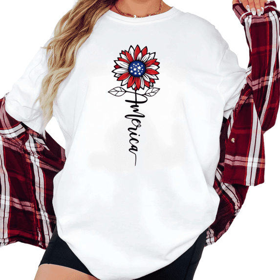 UNISHE Women's 4th of July Patriotic America Sunflower American Flag Graphic Short Sleeve T-Shirt Breathable Crewneck Top