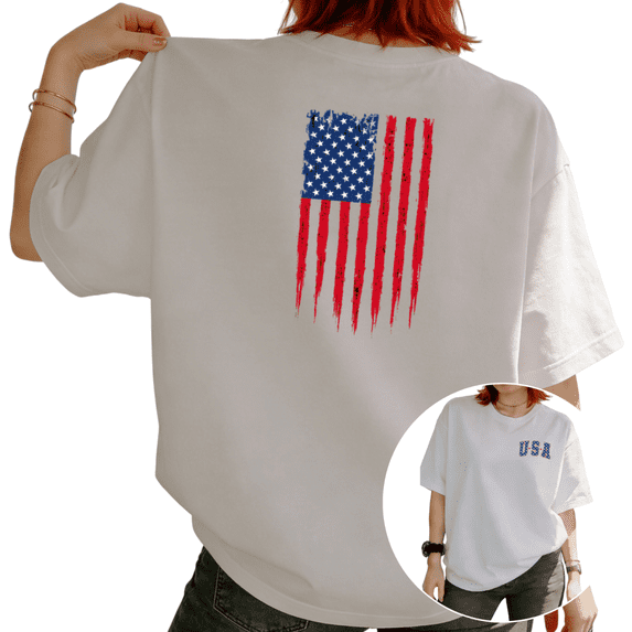UNISHE Women's 4th of July USA Distressed American Flag Graphic Short Sleeve T-Shirt Casual Cotton Crewneck Top White S-5XL