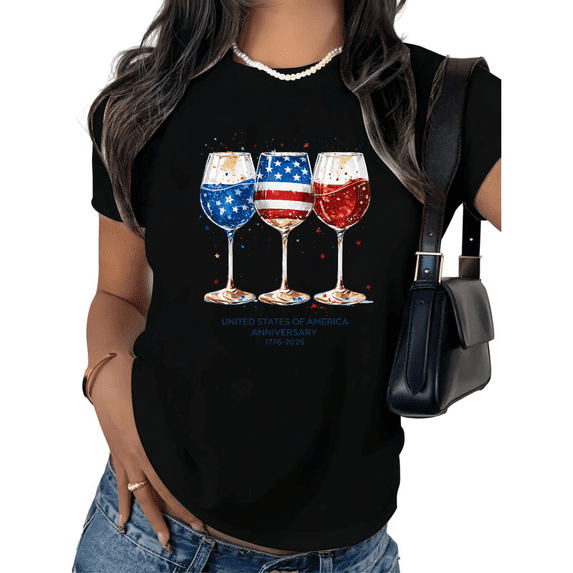 UNISHE Women's 4th of July Wine Glass Graphic Short Sleeve T-Shirt Patriotic Celebration Design Cotton Crewneck Relaxed Fit Tops