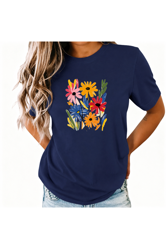 Women's Abstract Brush Stroke Colorful Daisy Bouquet Floral Art Graphic Short Sleeve T-shirt Relaxed Fit