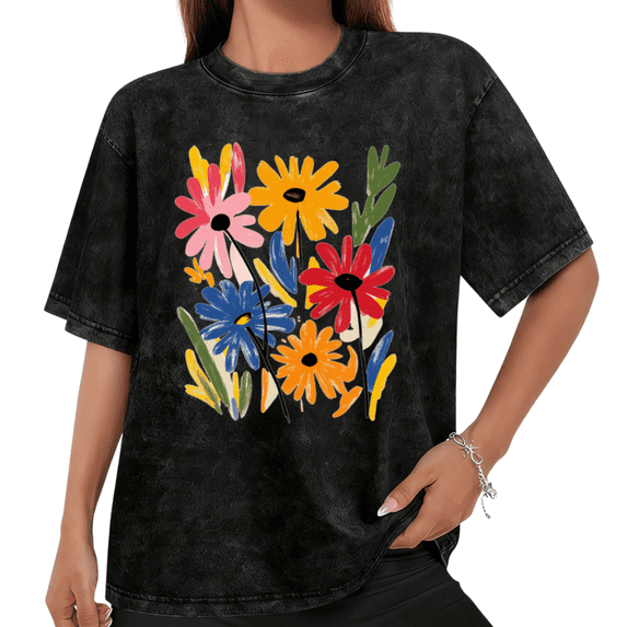 UNISHE Women's Abstract Color Daisy Floral Graphic Oversized Short Sleeve T-shirt Art Flower Washed Tee