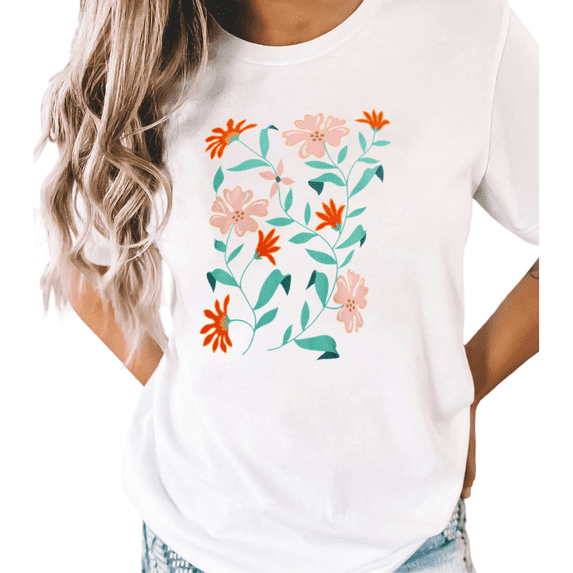 UNISHE Women's Abstract Floral Vine Graphic White Short Sleeve T-Shirt Casual Cotton Crewneck Top