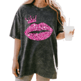 thumbnail image 1 of UNISHE Women's Acid Wash Glitter Pink Lips Crown Graphic Oversized Short Sleeve T-Shirt Casual Crewneck Cotton Queen Tee, 1 of 5