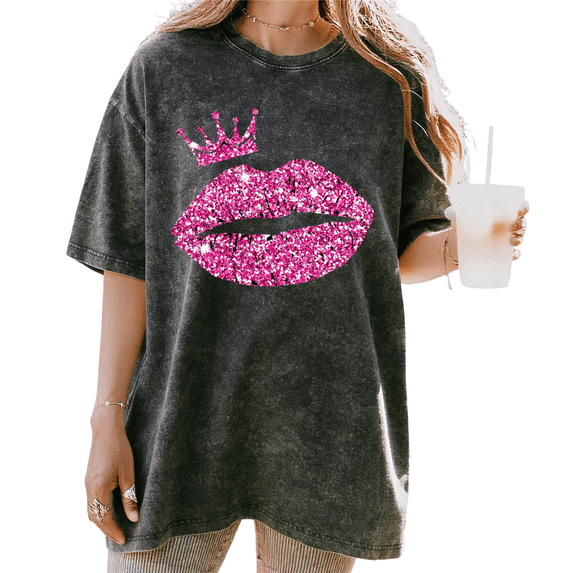 UNISHE Women's Acid Wash Glitter Pink Lips Crown Graphic Oversized Short Sleeve T-Shirt Casual Crewneck Cotton Queen Tee