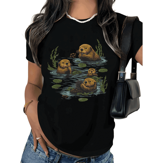UNISHE Women's Adorable Otter Graphic T-Shirt Cute Cartoon Nature Tee Water Lily Summer White Top