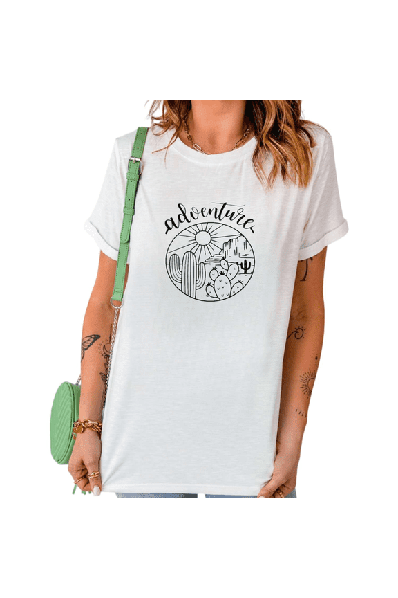 Women's Adventure Cactus Sun Desert Graphic Short Sleeve T-Shirt Lightweight Cotton Relaxed Fit Vacation Tee