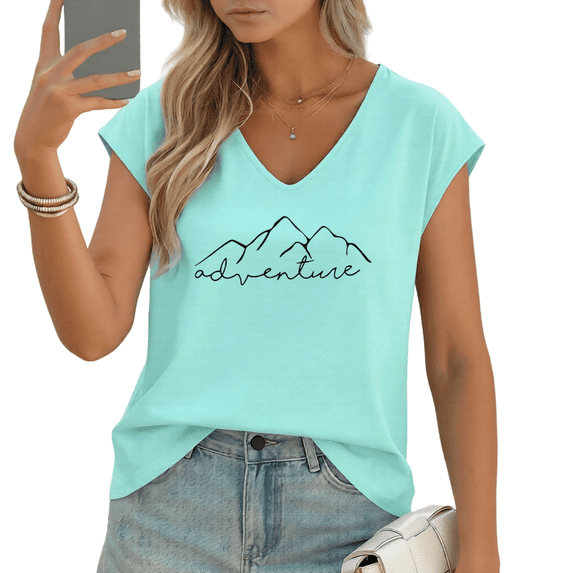 UNISHE Women's "Adventure" Mountain Graphic V-Neck Sleeveless T-Shirt Breathable Summer Tank Top