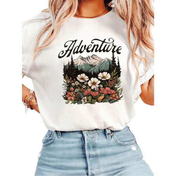 UNISHE Women's "Adventure" Mountain Wildflower Graphic Short Sleeve T-Shirt Casual Cotton Crewneck Top