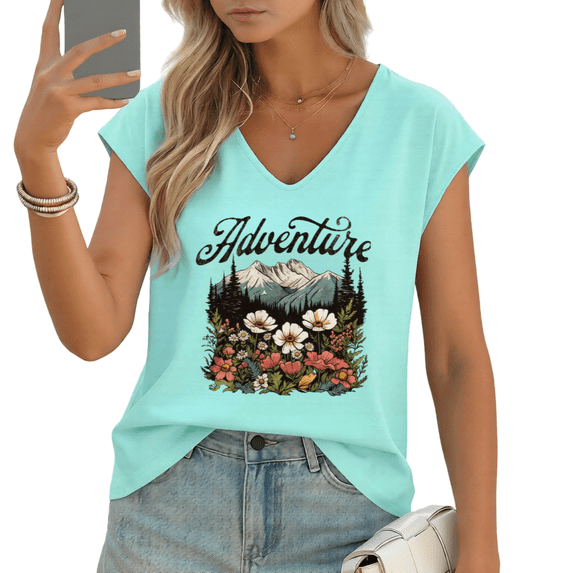 UNISHE Women's "Adventure" Mountain Wildflower Print V-Neck Sleeveless T-Shirt Breathable Summer Tank Top