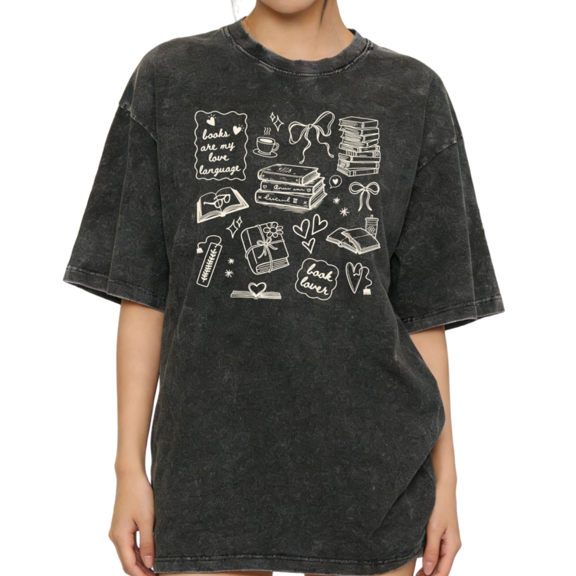 UNISHE Women's Aesthetic Doodle Collage Books Coffee Bow Heart Graphic Wash T-shirt Relaxed Fit