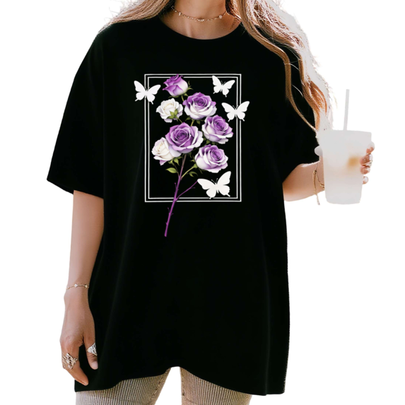 UNISHE Women's Aesthetic Purple and White Rose with Butterflies Graphic Short Sleeve T-Shirt Casual Cotton Crewneck Top