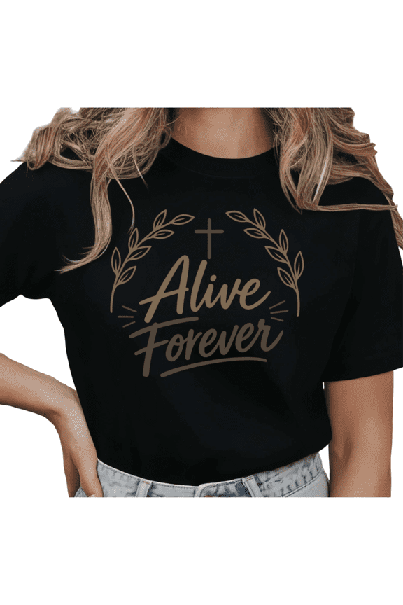 Women's Alive Forever Christian Cross Laurel Wreath Faith Quote Graphic Short Sleeve T-Shirt Comfortable Crewneck Top