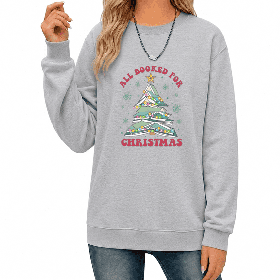 UNISHE Women's All Booked For Christmas Tree Artwork Graphic Sweatshirt Festive Holiday Fashion Crewneck Pullover