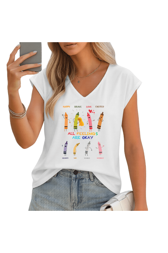 Women's "All Feelings Are Okay" Cute Crayon Print V-Neck Sleeveless T-Shirt Casual Summer Tank Top