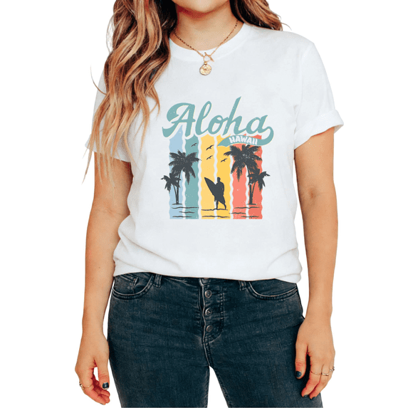 UNISHE Women's Aloha Hawaii Palm Tree Surfing Retro Beach Graphic Tops Short Sleeve T-Shirt Casual Suitable