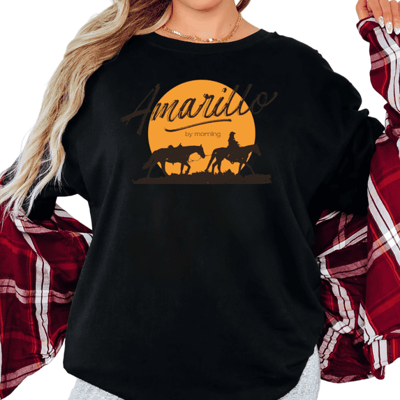 UNISHE Women's "Amarillo By Morning" Cowboy Sunset Graphic Short Sleeve T-Shirt Casual Cotton Crewneck Top