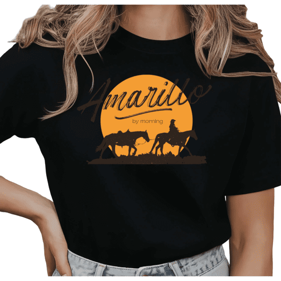 UNISHE Women's "Amarillo By Morning" Cowboy Sunset Graphic Short Sleeve T-Shirt Casual Cotton Crewneck Top