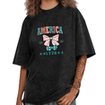 thumbnail image 1 of UNISHE Women's America 1776 4th Of July Patriotic Cherry Bow Graphic Washed Short Sleeve T-Shirt softness, 1 of 5