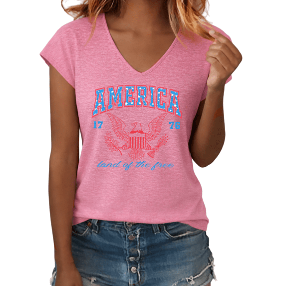 UNISHE Women's America 1776 Eagle Land Of The Free Graphic V-Neck Short Sleeve Patriotic Casual Holiday T-Shirt Top