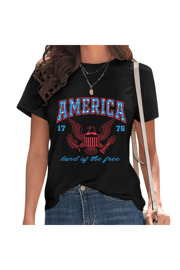 Women's America 1776 Land of the Free Patriotic Eagle Casual Crew Neck Short Sleeve T-Shirt Top