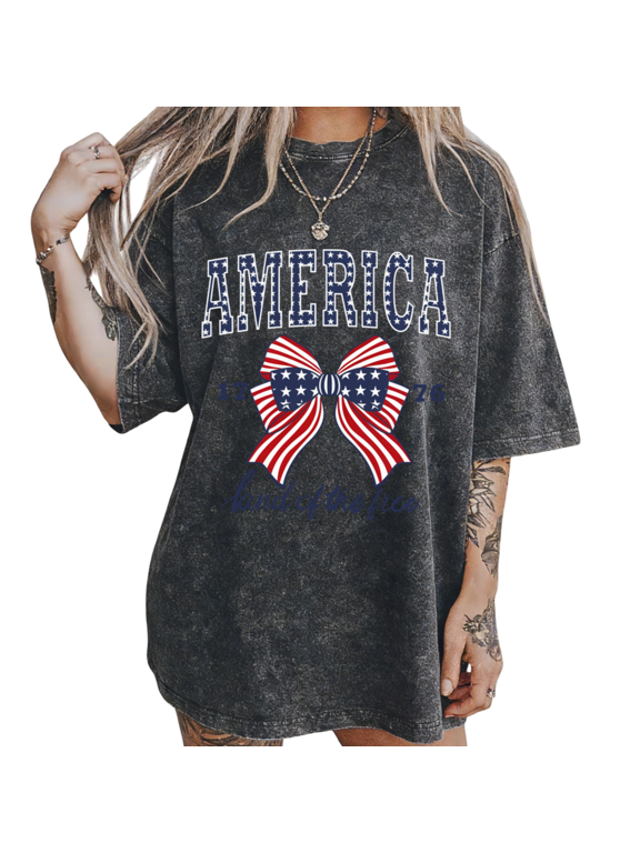 Women's America 1776 Patriotic Bow Graphic Retro Washed T-Shirt Short Sleeve S-2XL Cotton Distressed Tee