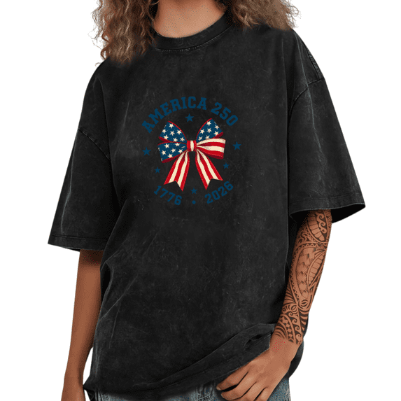 UNISHE Women's America 250 1776 2026 4th Of July Patriotic Bow Graphic Washed Short Sleeve T-Shirt Suitable