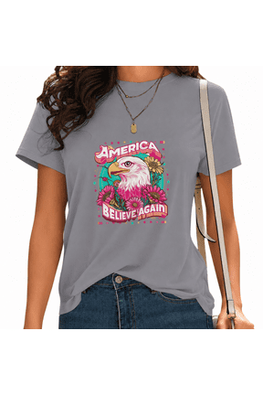 Women's America Believe Again Bald Eagle Graphic Tee Vintage Patriotic Floral Top for Daily Outfit Grey, M