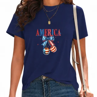 UNISHE Women's America Cherry Bow Graphic Tee Patriotic Fourth of July Top for Daily Outfit Navy, 3XL