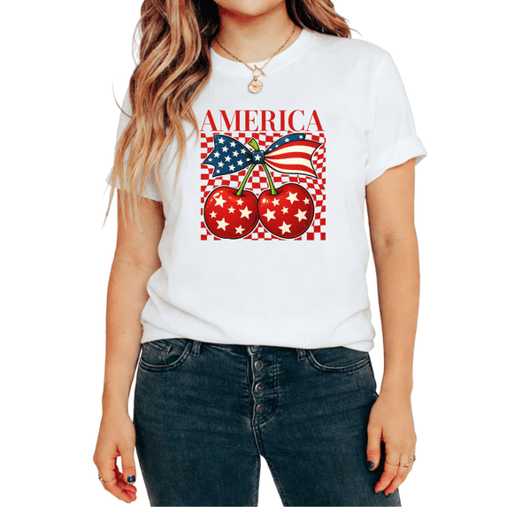 UNISHE Women's America Patriotic Cherry Bow Checkered Graphic Short Sleeve T-Shirt Simple Minimalist Tees