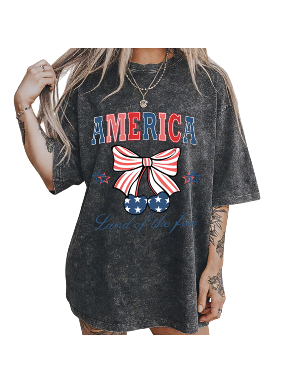 Women's America Patriotic Cherry Bow Graphic Retro Washed T-Shirt Short Sleeve S-2XL Cotton Distressed Tee