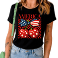 thumbnail image 1 of UNISHE Women's America Patriotic Cherry Flag Bow Checkered Graphic Black Short Sleeve T-Shirt Casual Cotton Crewneck Top, 1 of 5