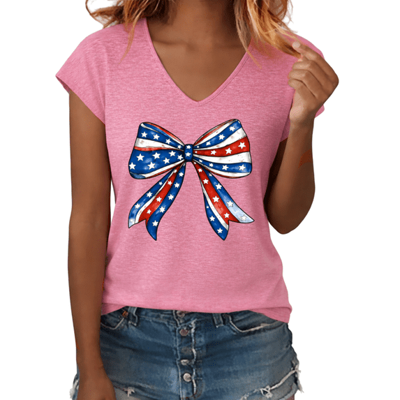 UNISHE Women's American Flag Bow Graphic V-Neck Short Sleeve T-Shirt Casual Patriotic Tee