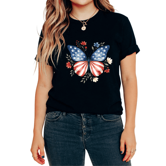 UNISHE Women's American Flag Butterfly Patriotic Floral Graphic Tops Short Sleeve T-Shirt Breathable